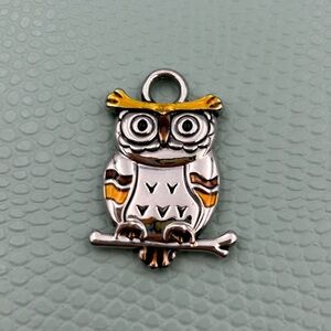 Owl Pendant Charm Silver with Gold Accents 3/4" Cute for Necklace